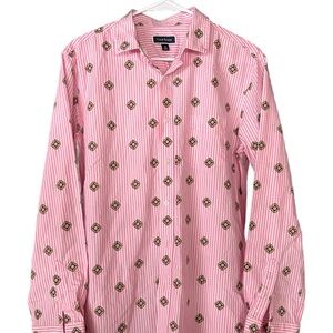Bold Pink Striped Casual Button Down Shirt with Geometric Pattern